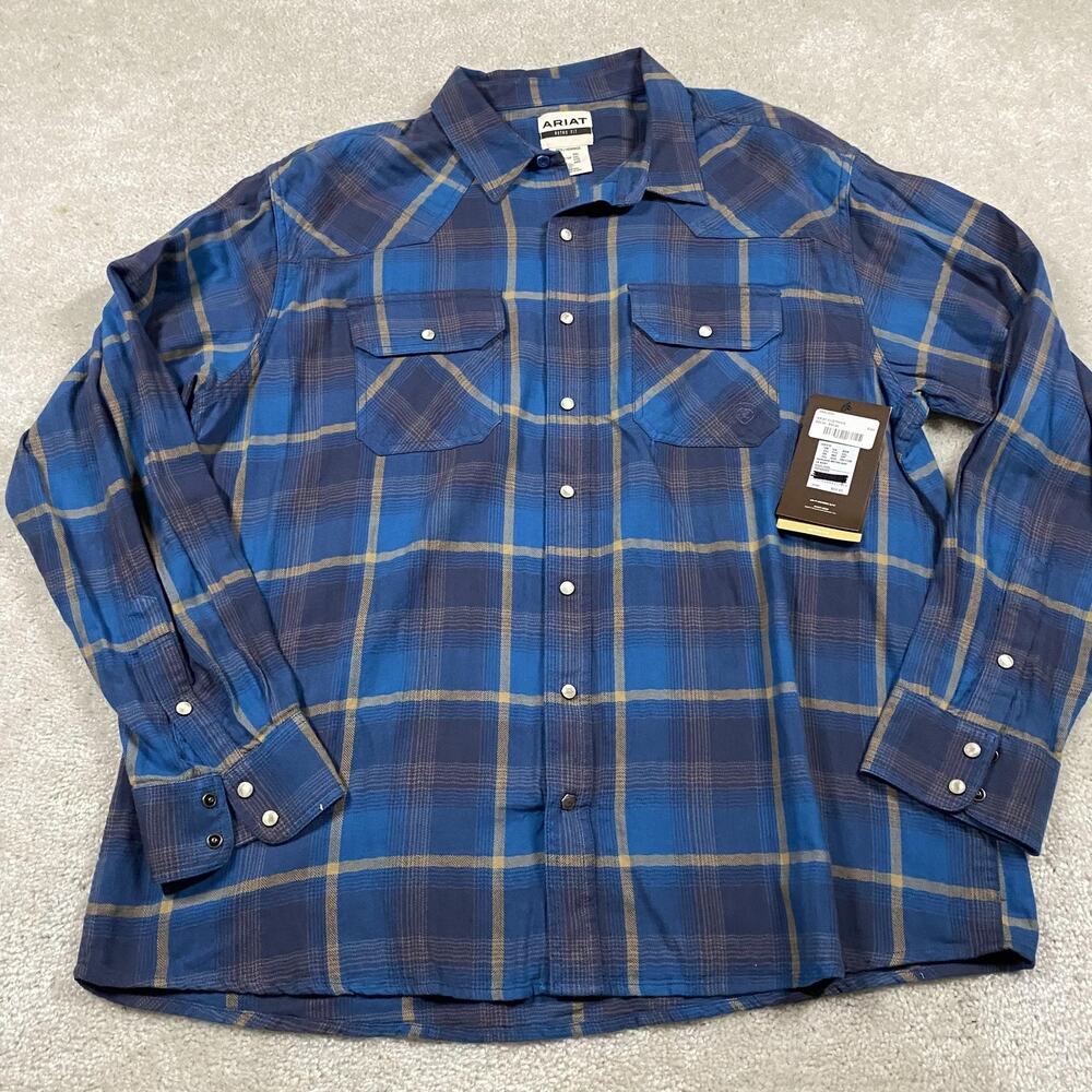 Ariat Shirt Mens 2XL Blue Plaid Harland Retro Fit Long Sleeve Pearl Snap Western